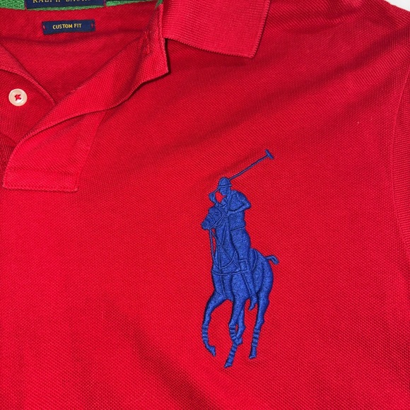 Ralph Lauren Red Polo Shirt with large Blue Logo American flag - Picture 5 of 8